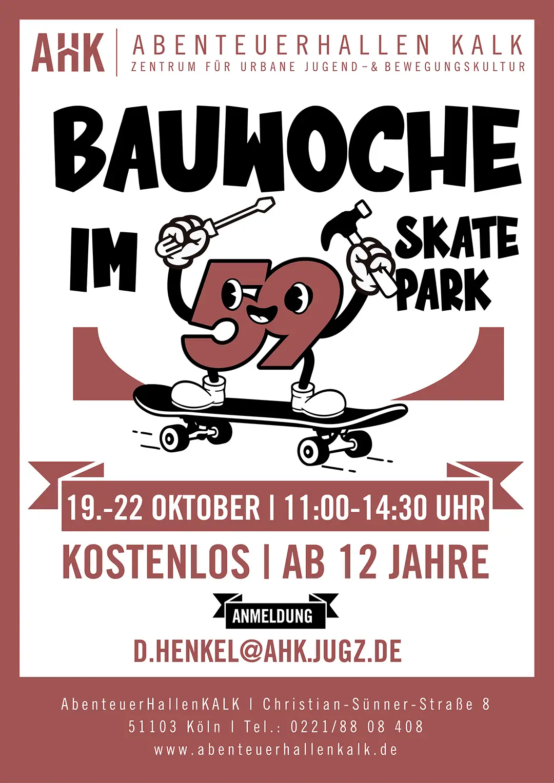 Plakat zur kostenlosen Bauwoche im Skatepark Halle59 vom 19. bis 22. Oktober 2026 für Jugendliche ab 12 Jahren.